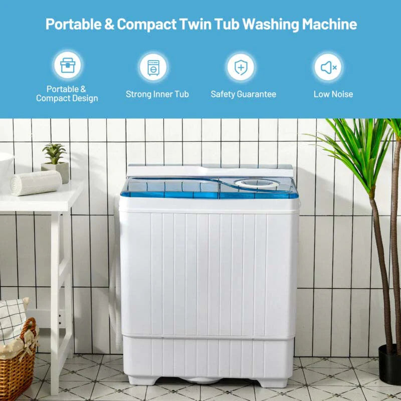 Portable Twin Tub Washer Dryer Combo With Drain Pump, 26 LBS - Blue/Gray