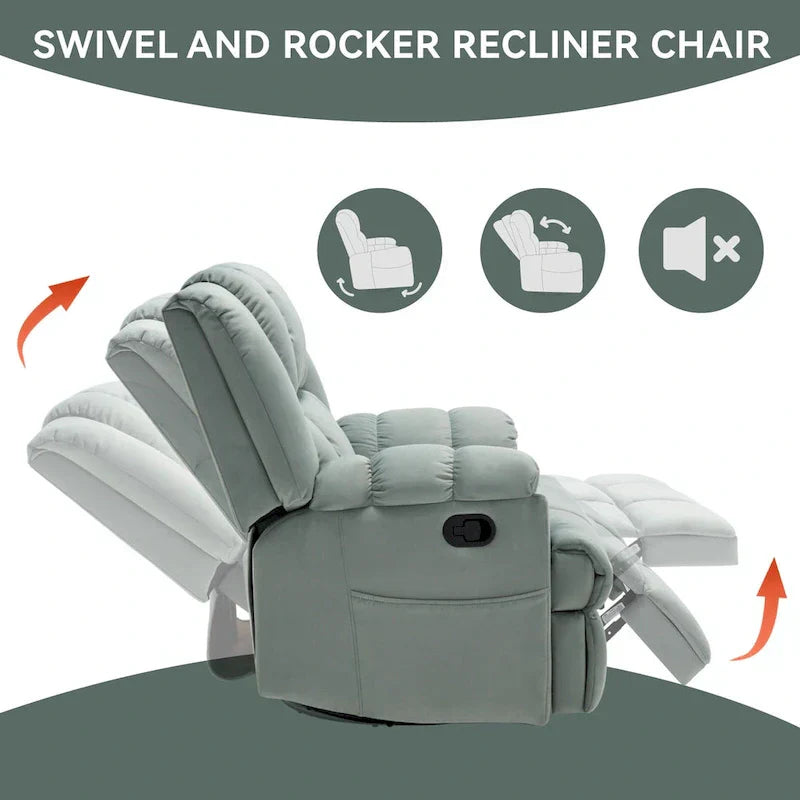 Lazy Boy Oversized Fabric Swivel Rocking Manual Recliner Chair, 37.8L*38.2W*41H, 155 Degrees