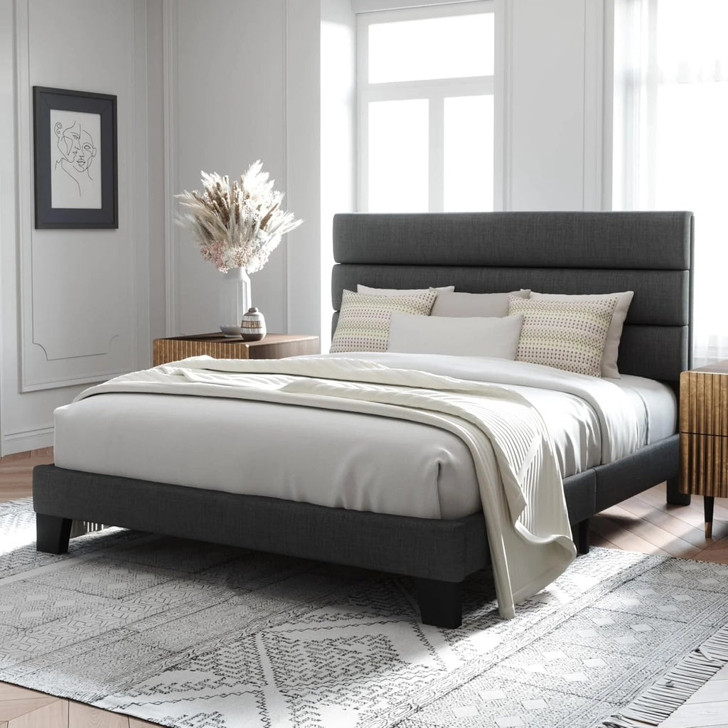 Queen Size Upholstered Platform Bed Frame With Headboard - Dark Gray Fabric