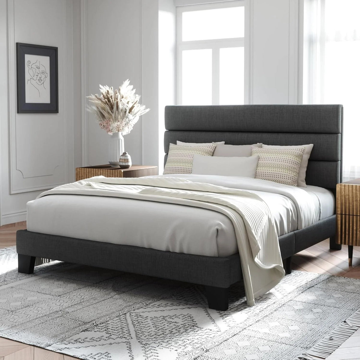 Queen Size Upholstered Platform Bed Frame With Headboard - Dark Gray Fabric
