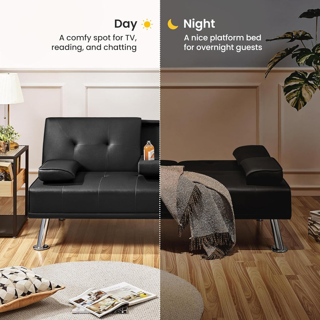 Yaheetech Convertible Faux Leather Sofa Bed, 3 Angles, 772lb Capacity, Black