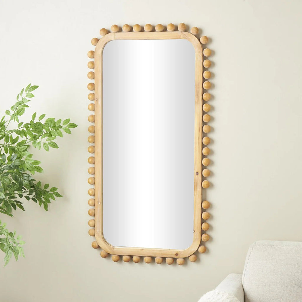 Brown Fir Wood Beaded Frame Wall Mirror 23.50in L x 1.50in W x 45.38in H