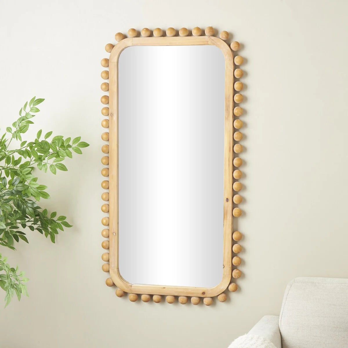 Brown Fir Wood Beaded Frame Wall Mirror 23.50in L x 1.50in W x 45.38in H