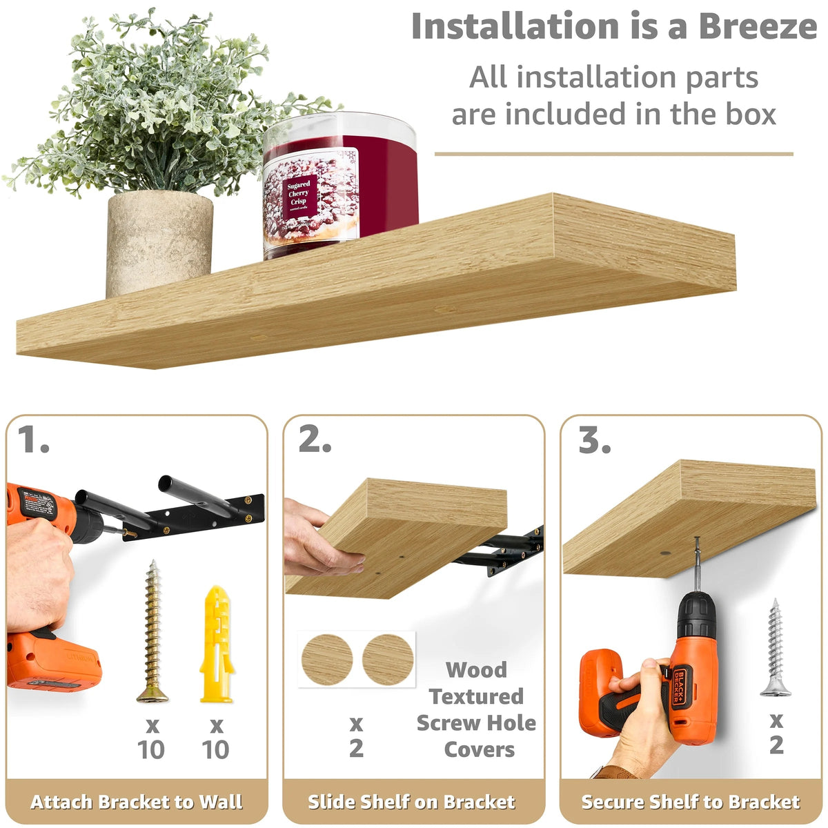 Floating Engineered Wood Wall Shelves, Set Of 3, 23.75 in x 9.25 in