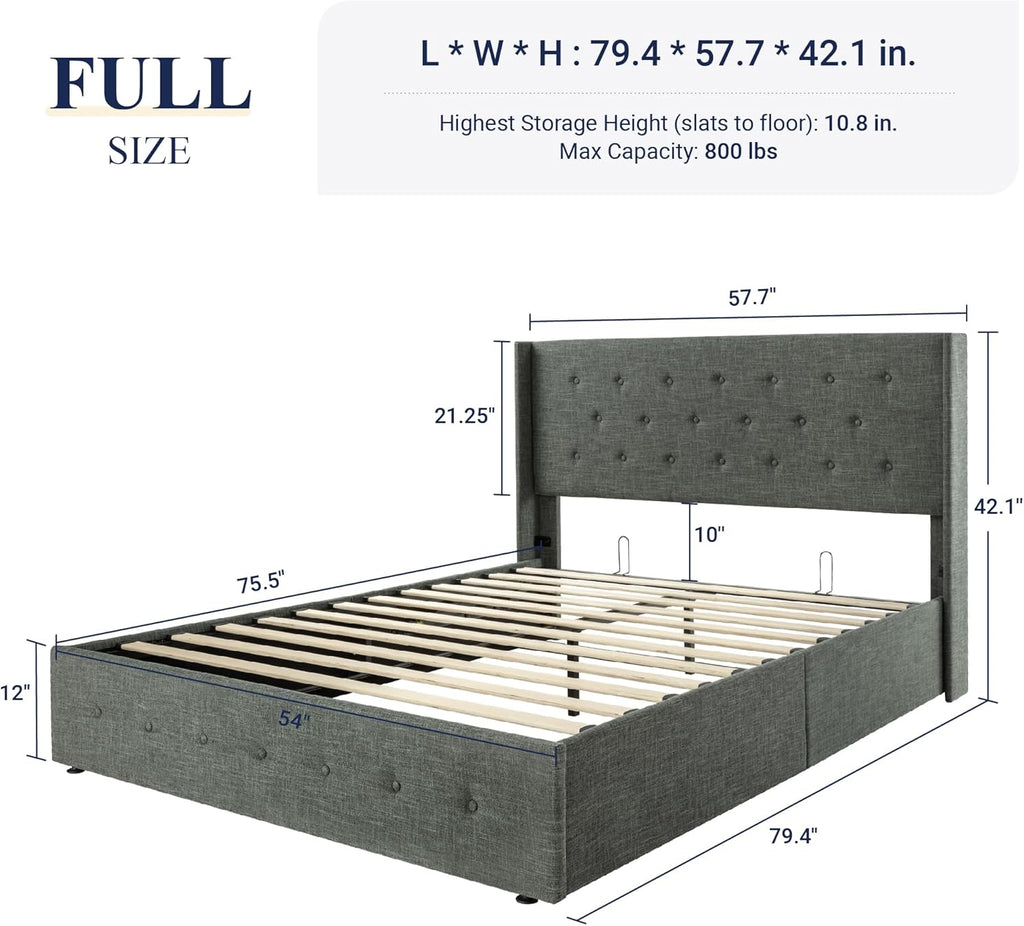 Queen Size Lift-Up Storage Bed With Wingback Headboard, Upholstered Platform Bed Frame With Hidden Storage