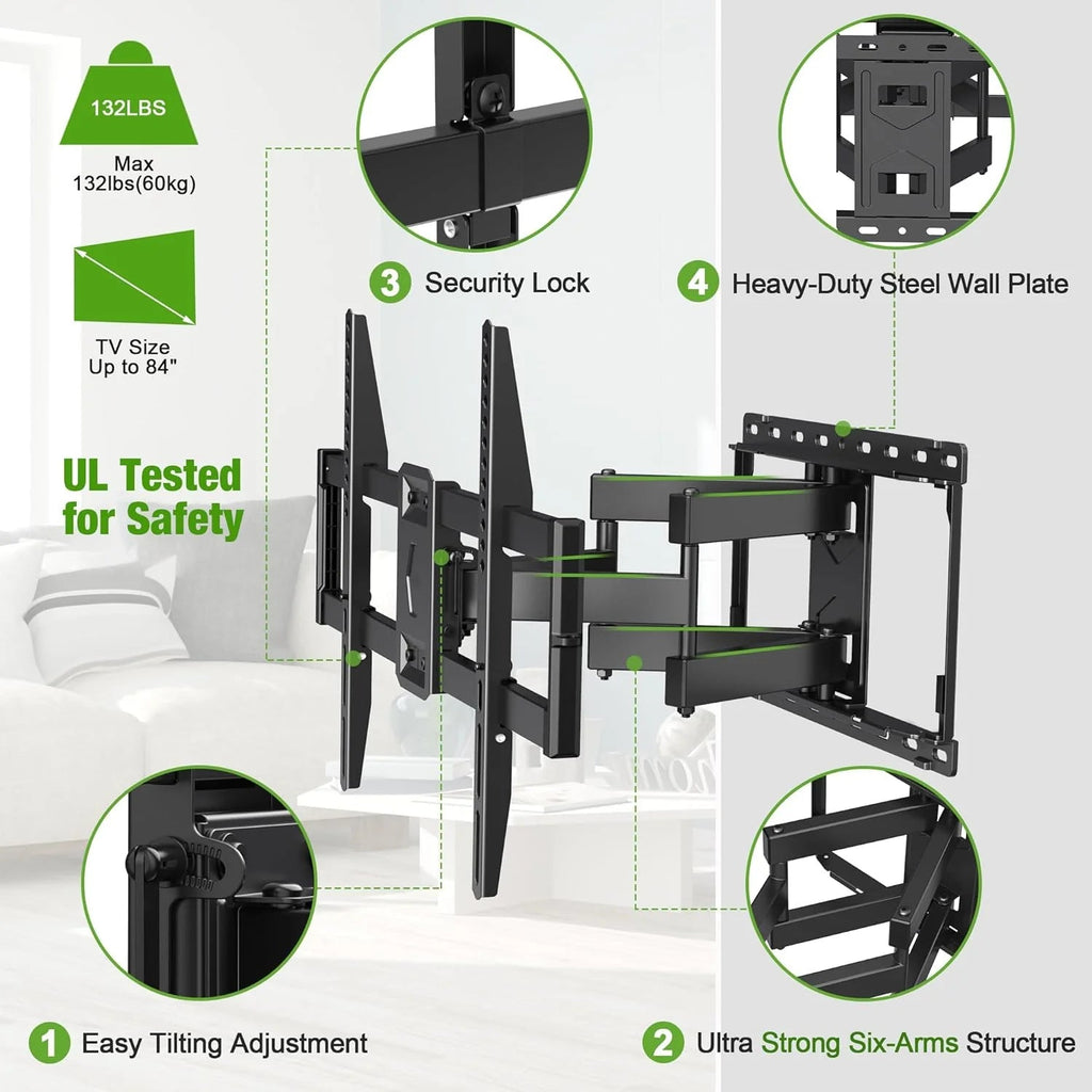 TV Wall Mount for Most 42-86 Inch Flat Screen TVs, 132 lbs - Full-Motion Swivel Tilt Bracket