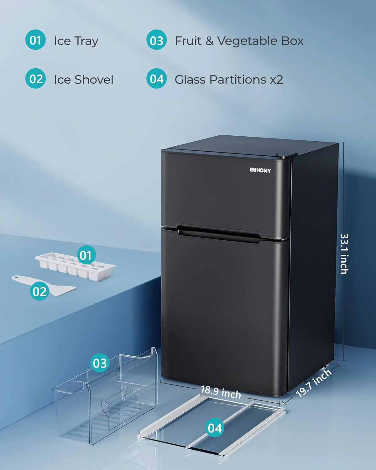 Euhomy 3.2 Cubic Feet 2-Door Mini Refrigerator With Freezer, Silver - RF-S