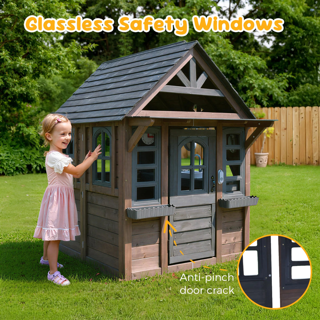 COCLUB Wooden Outdoor Playhouse With Doorbell, Phone And Kitchen Toys, 45in L x 43in W x 65in H