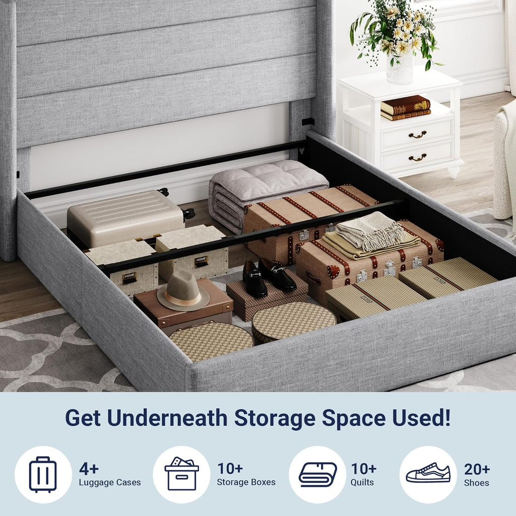 Queen Size Lift-Up Storage Bed With Wingback Headboard, Upholstered Platform Bed Frame With Hidden Storage