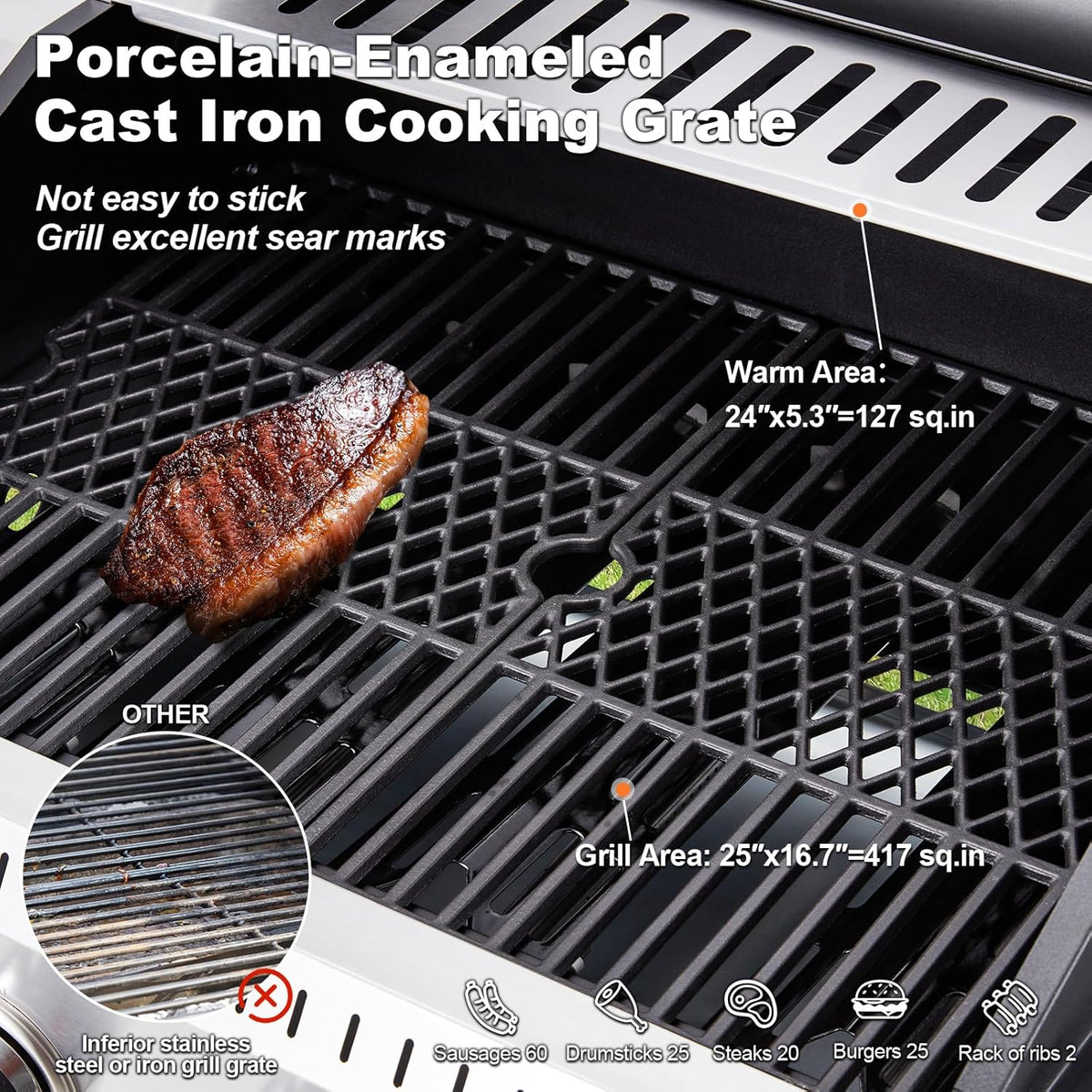 MELLCOM 4 Burner Propane Gas Grill With Cast Iron Grates And Side Stove, 44,000 BTU, Black - BBQ-4+1