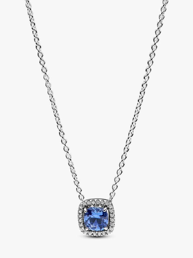 Sparkling Square Blue Halo Pendant Necklace