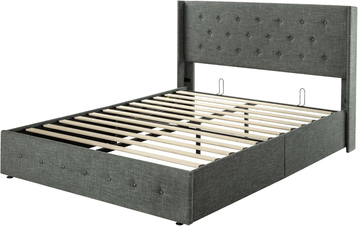 Queen Size Lift-Up Storage Bed With Wingback Headboard, Upholstered Platform Bed Frame With Hidden Storage