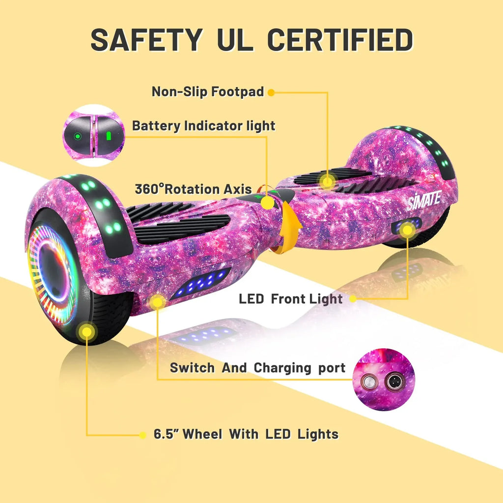 SIMATE 6.5in Self-Balancing Hoverboard With Bluetooth, LED Lights, Galaxy Purple - SIMATE Hoverboard