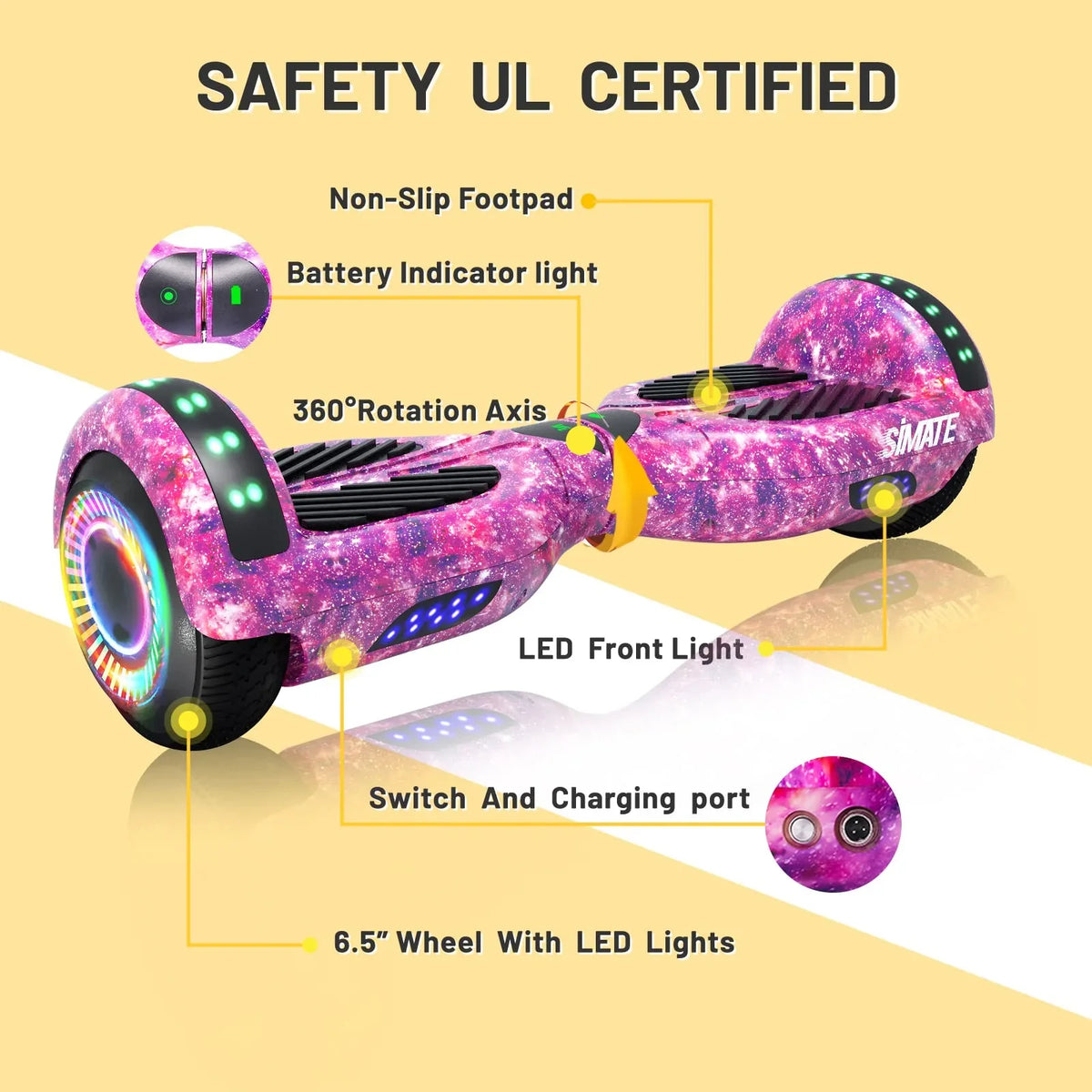SIMATE 6.5in Self-Balancing Hoverboard With Bluetooth, LED Lights, Galaxy Purple - SIMATE Hoverboard