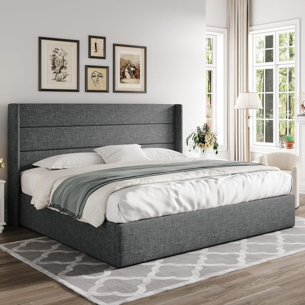 Queen Size Lift-Up Storage Bed With Wingback Headboard, Upholstered Platform Bed Frame With Hidden Storage
