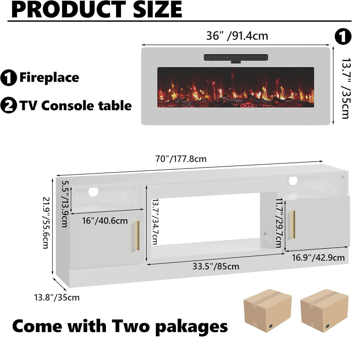 Fireplace TV Stand, 70 inch Media Console With 36 inch Electric Fireplace