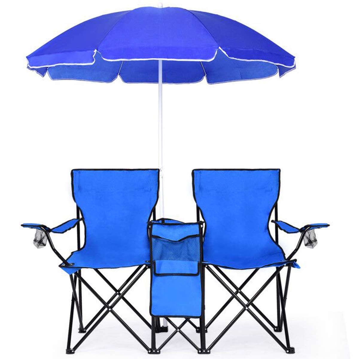 Double Folding Camping Loveseat Chairs With Umbrella, Mini Table And Cooler Bag