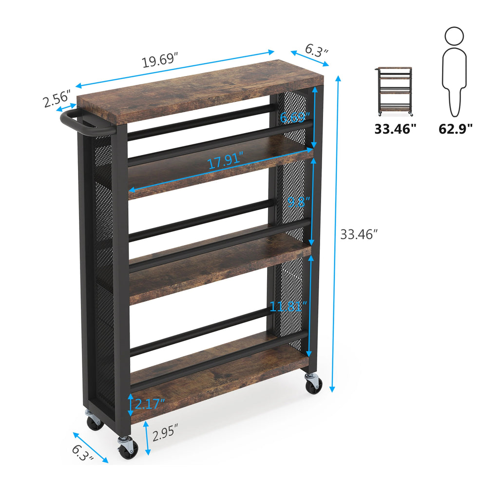 4-Tier Rolling Kitchen Storage Cart, Brown/Black, 19.69in W x 6.3in D x 33.46in H