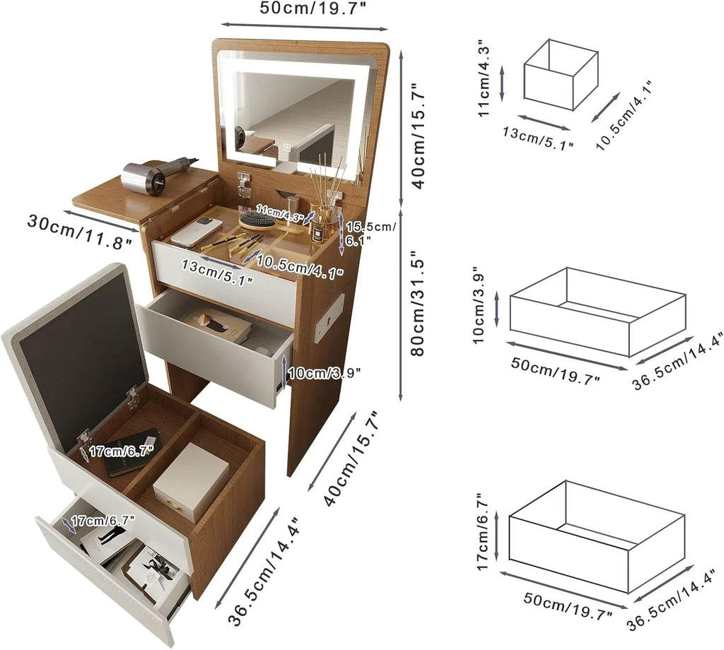 3-in-1 Vanity Desk Set With Flip-Top Lighted Mirror, Storage Stool And 15.7*19.7*31.5 Inches Table