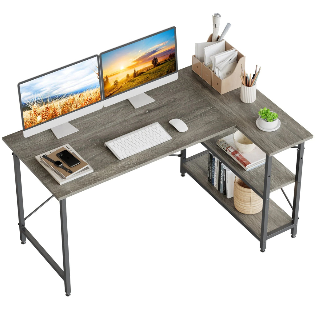 Small L-Shaped Computer Desk With Reversible Storage Shelves - 55-Inch / 47-Inch