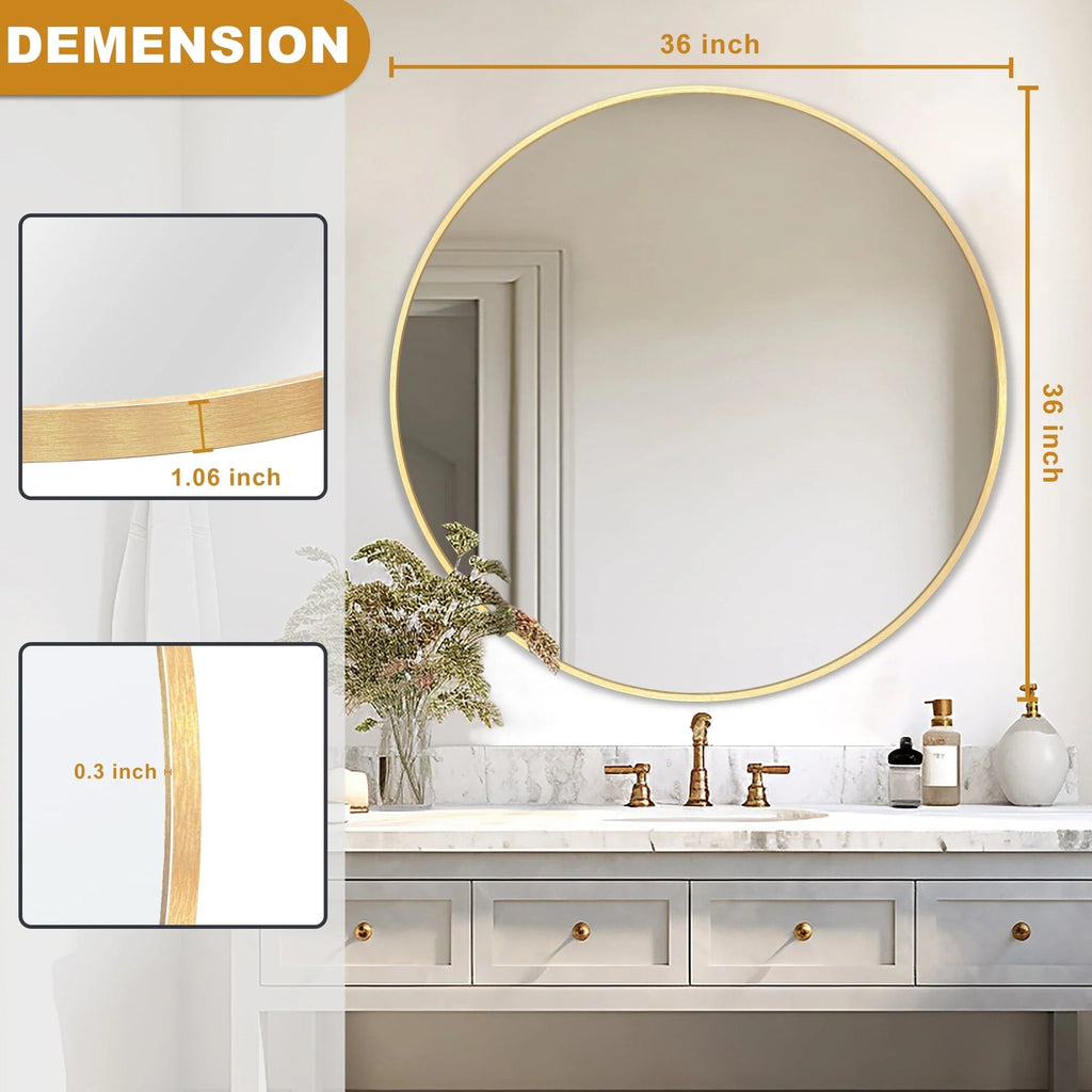 Round Bathroom Vanity Mirror, 24x24 / 36x36, Black, Brushed Gold or Silver