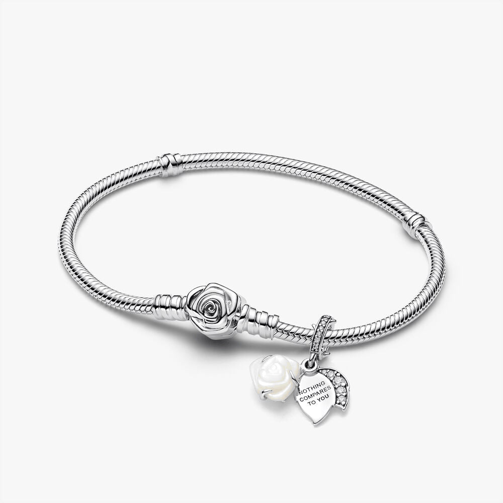 White Rose in Bloom Double Dangle Charm Bracelet Set
