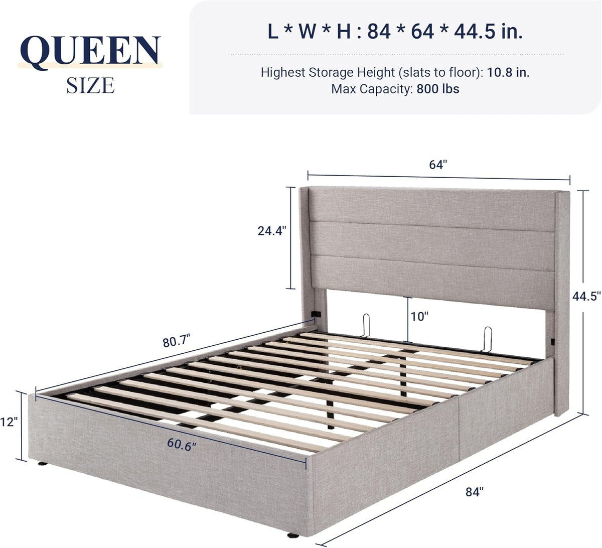 Queen Size Lift-Up Storage Bed With Wingback Headboard, Upholstered Platform Bed Frame With Hidden Storage