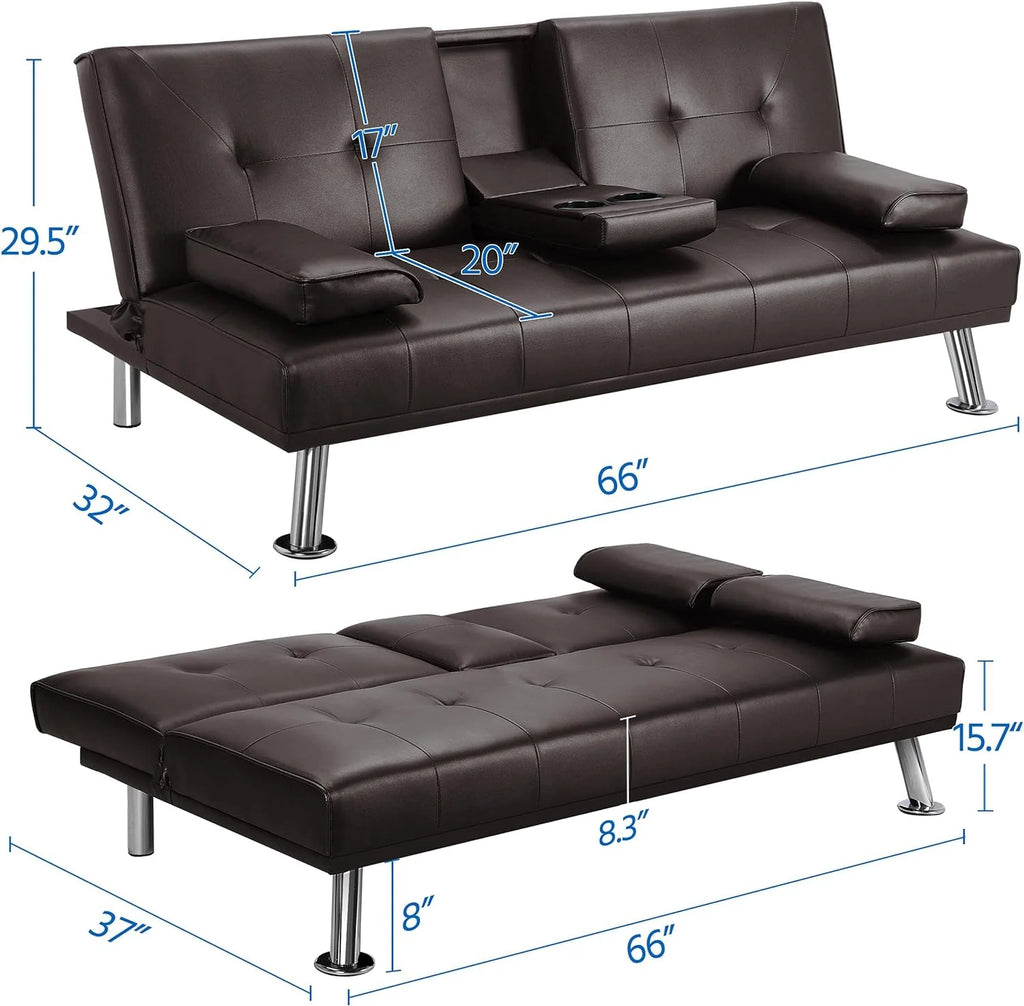 Yaheetech Convertible Faux Leather Sofa Bed, 3 Angles, 772lb Capacity, Black