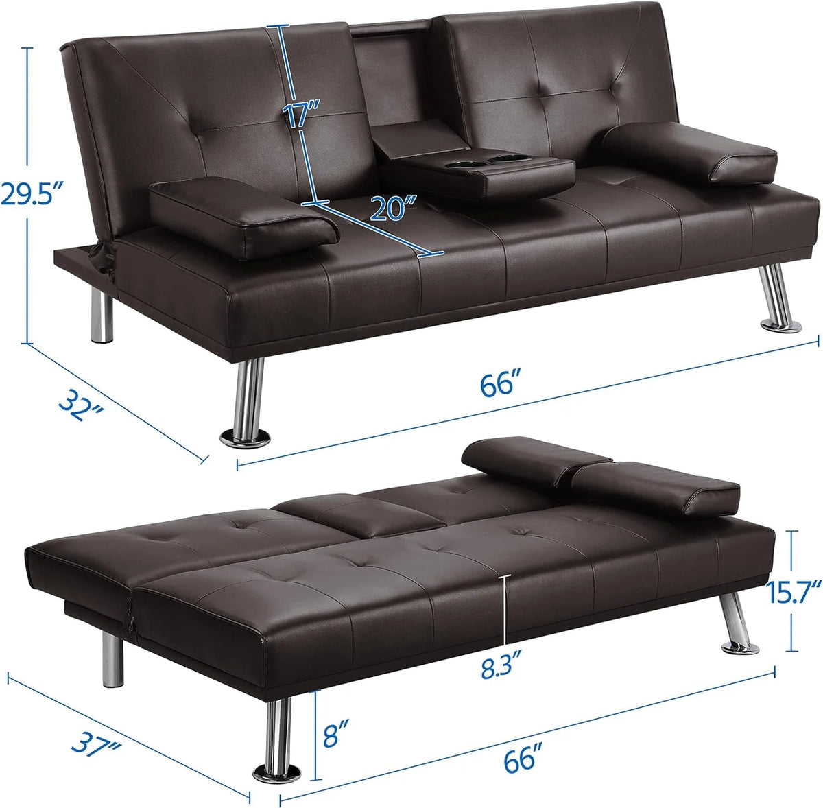 Yaheetech Convertible Faux Leather Sofa Bed, 3 Angles, 772lb Capacity, Black