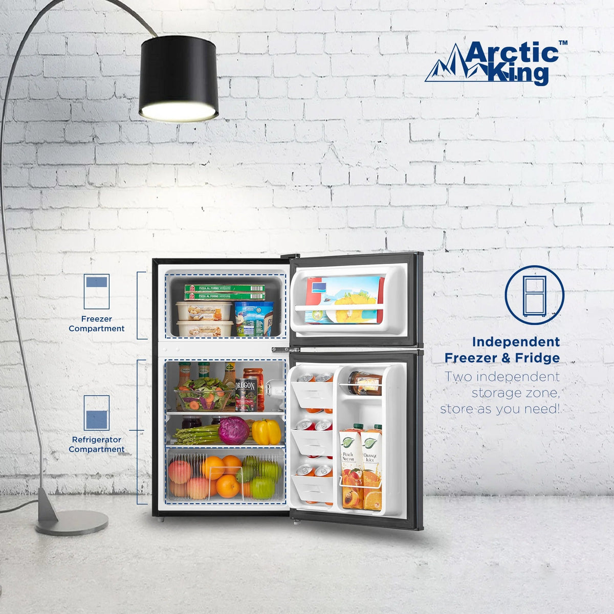 Arctic King Two-Door Mini Fridge With Freezer, 3.2 Cu ft, 18.5 in x 19.4 in x 33.3 in, Stainless Steel - E-Star
