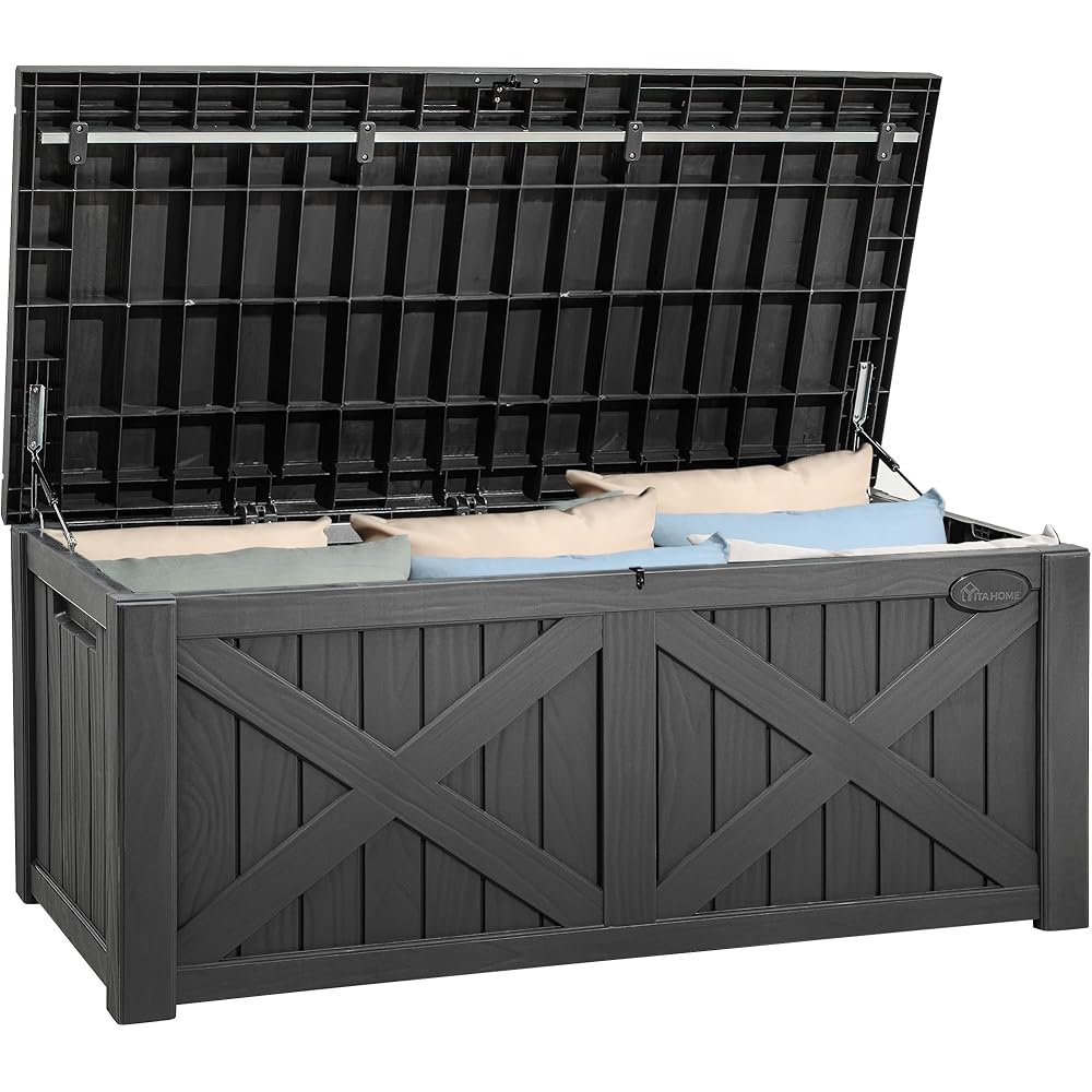 YITAHOME 120 Gallon Resin Outdoor Deck Box With X-Shaped Front, Dark Gray