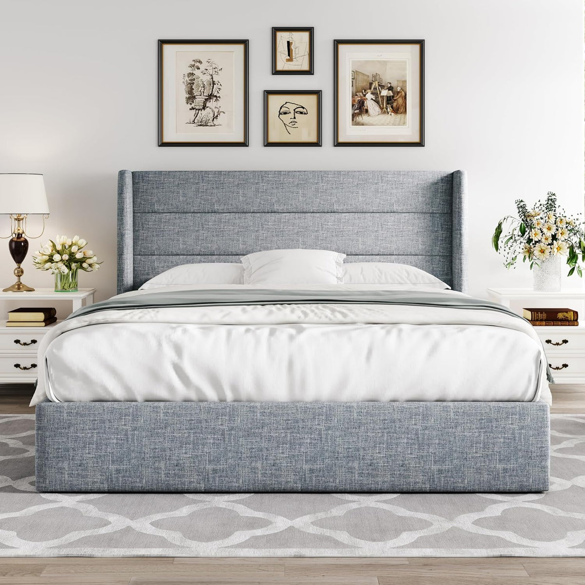Queen Size Lift-Up Storage Bed With Wingback Headboard, Upholstered Platform Bed Frame With Hidden Storage