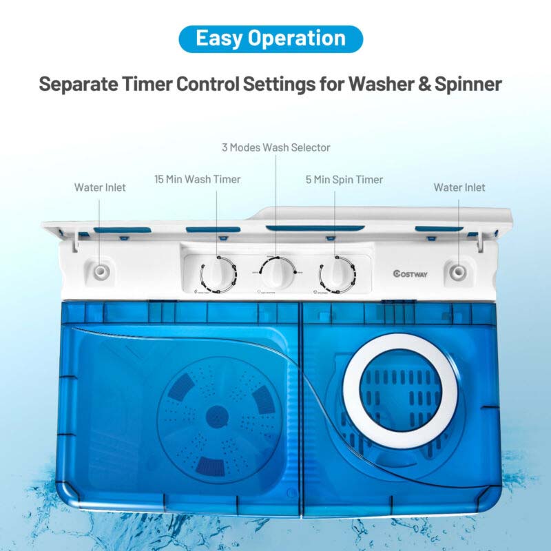 Portable Twin Tub Washer Dryer Combo With Drain Pump, 26 LBS - Blue/Gray