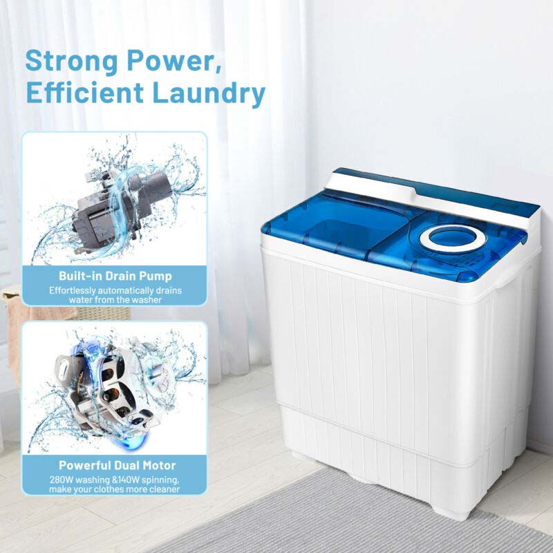 Portable Twin Tub Washer Dryer Combo With Drain Pump, 26 LBS - Blue/Gray
