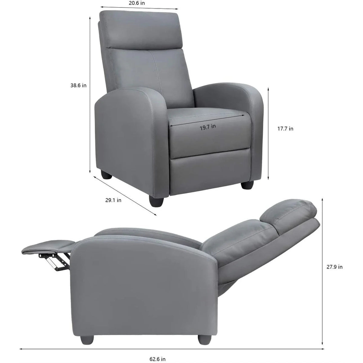 PU Leather Recliner Chair, 27.6 x 35.8 x 38.6 in, 3 Reclining Positions