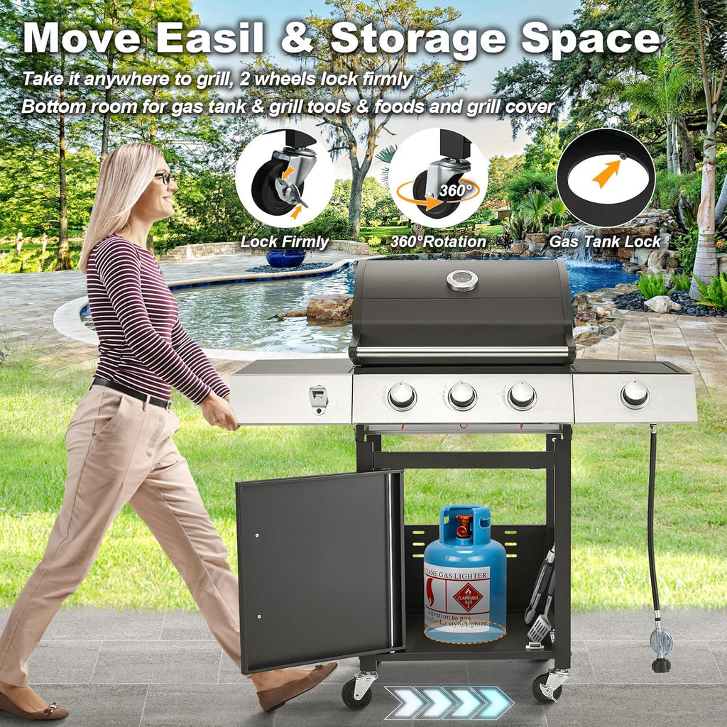 MELLCOM 4 Burner Propane Gas Grill With Cast Iron Grates And Side Stove, 44,000 BTU, Black - BBQ-4+1
