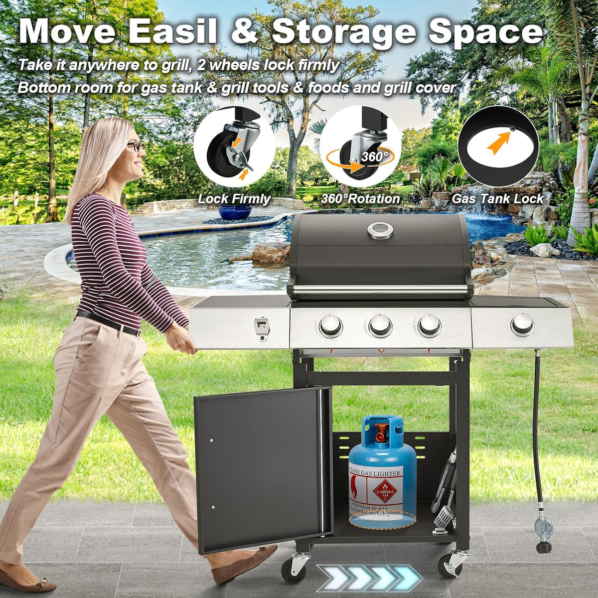MELLCOM 4 Burner Propane Gas Grill With Cast Iron Grates And Side Stove, 44,000 BTU, Black - BBQ-4+1
