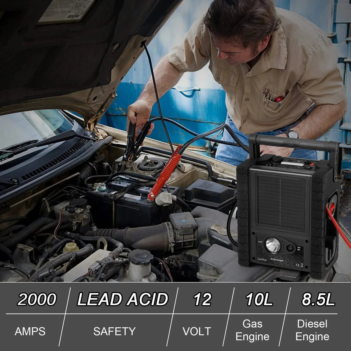 ZunDian Portable Power Station Jump Starter 2000 Amps, 260 PSI Air Compressor, 400W Inverter - ZD-529