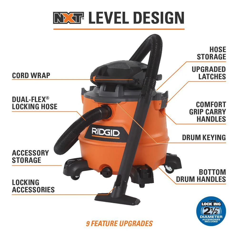 RIDGID 16 Gallon 6.5 Peak HP NXT Wet/Dry Shop Vacuum With Detachable Blower - HD1600
