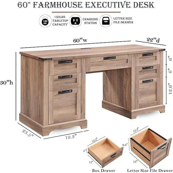 60' Farmhouse Wood Executive Computer Desk - 22'D x 60'W x 30'H
