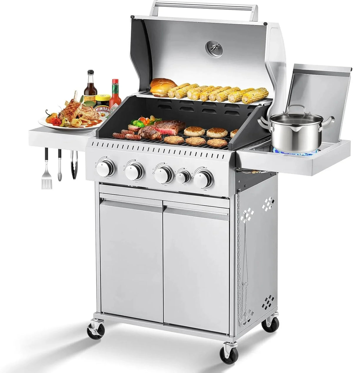 MELLCOM 4 Burner Propane Gas Grill With Cast Iron Grates And Side Stove, 44,000 BTU, Black - BBQ-4+1