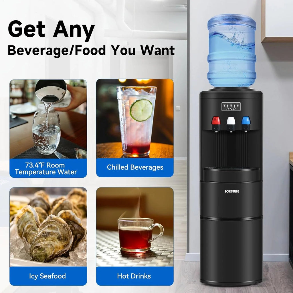 3-in-1 Hot and Cold Water Cooler With Built-In Ice Maker, Top Loading, Black - 3-5 Gallon Bottles