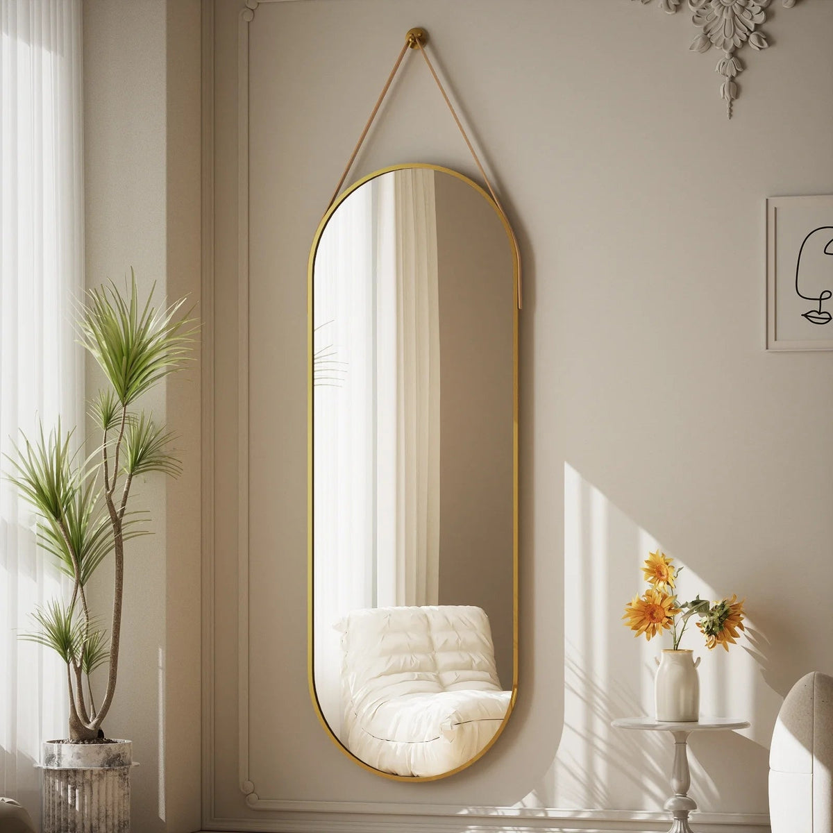 Full Length Wall Mirror, 48 x 16 Inch, Black, Leather Strap