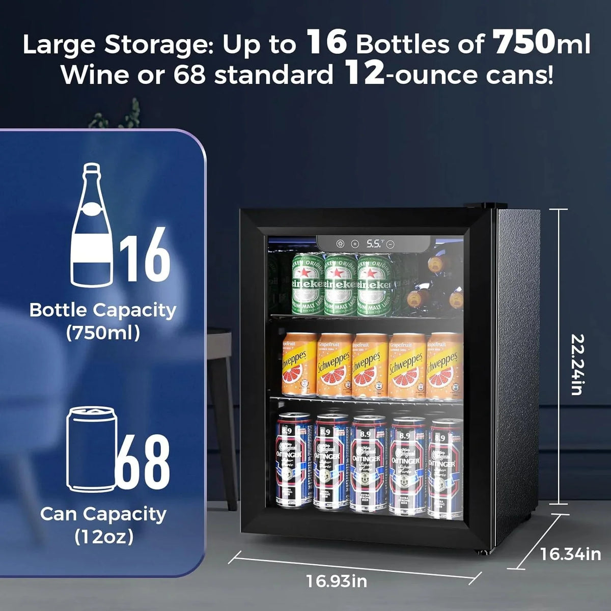 Electactic 3.2 Cu Ft 130 Can Beverage Refrigerator Cooler, Black, 19.29 x 17.32 x 30.79 inches - JC-90