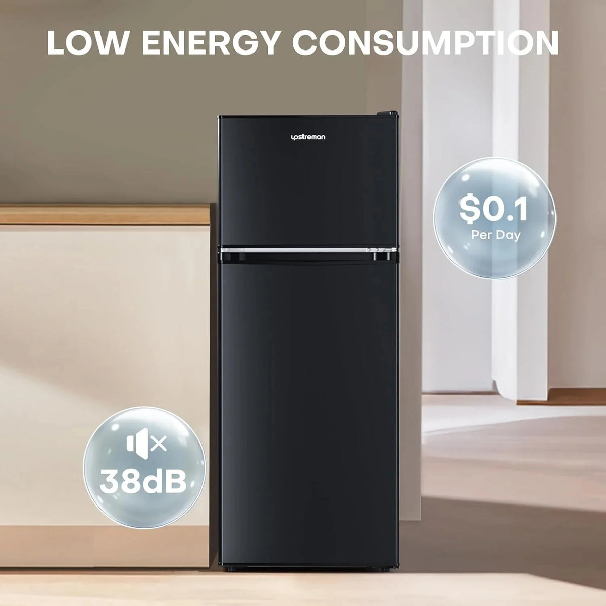 Upstreman 4 Cubic Feet Double Door Mini Refrigerator With Freezer, Black - BR401