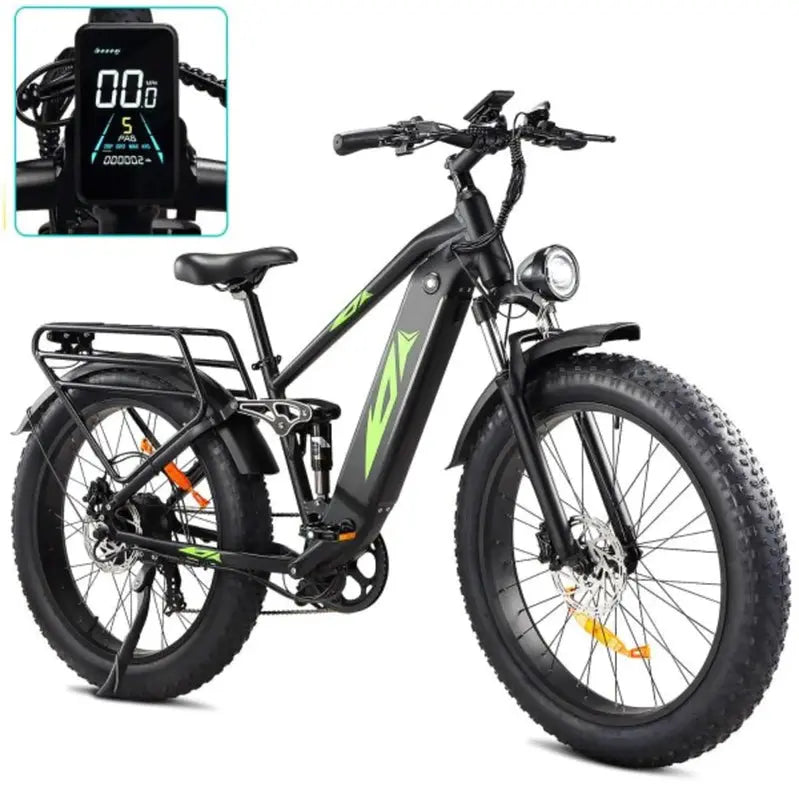 1000W Full-Suspension Fat Tire E-Bike, 26-Inch, 48V, 17.5Ah, 7-Speed - Black