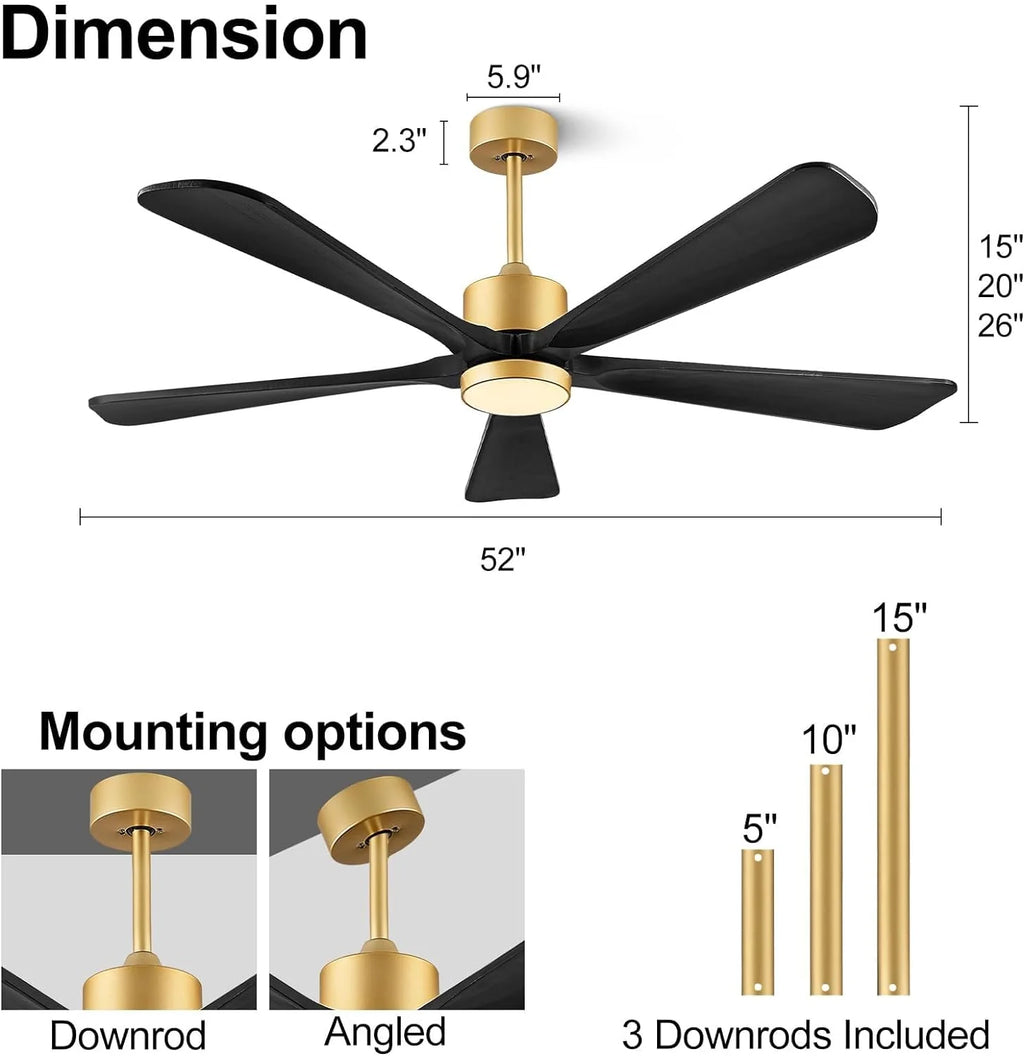 BOOSANT 60 inch Ceiling Fan With LED Light, 5 Solid Wood Blades, 6 Speeds, Deep Brown - 8727