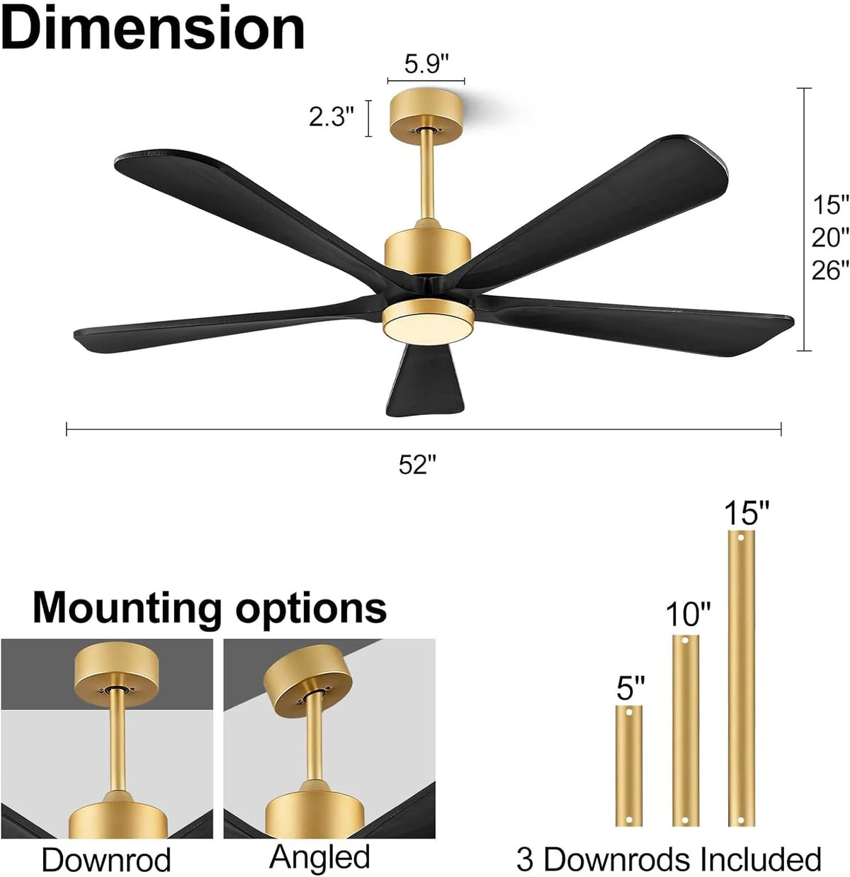 BOOSANT 60 inch Ceiling Fan With LED Light, 5 Solid Wood Blades, 6 Speeds, Deep Brown - 8727