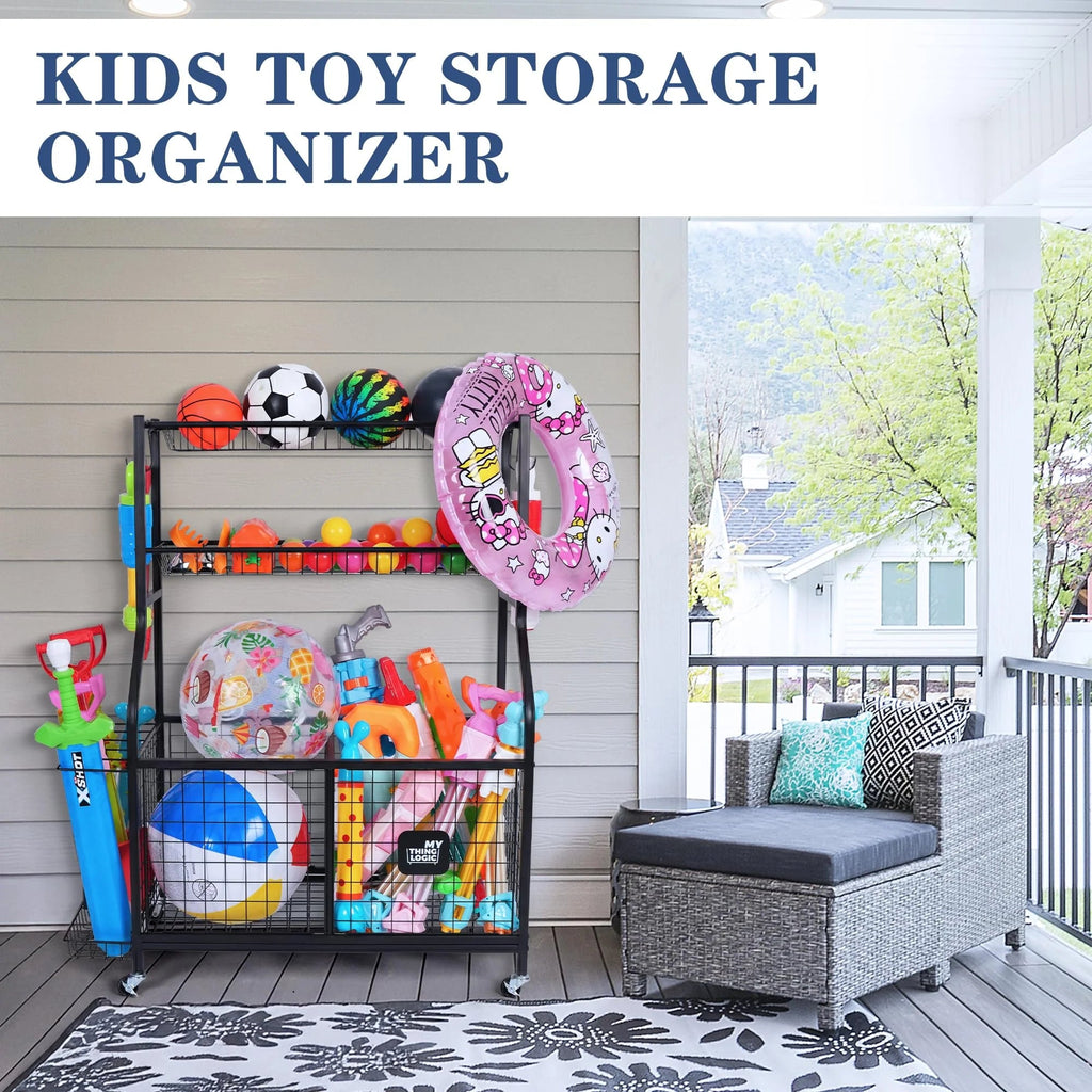 Garage Sports Equipment Storage Organizer, Steel, 36.2in x 16.5in x 44.3in - 2 Bins, 1 Basket, 1 Ball Rack