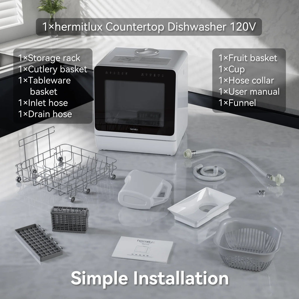Hermitlux Portable Countertop Dishwasher, 5L Built-In Water Tank, 4 Place Settings - HMX-DW03